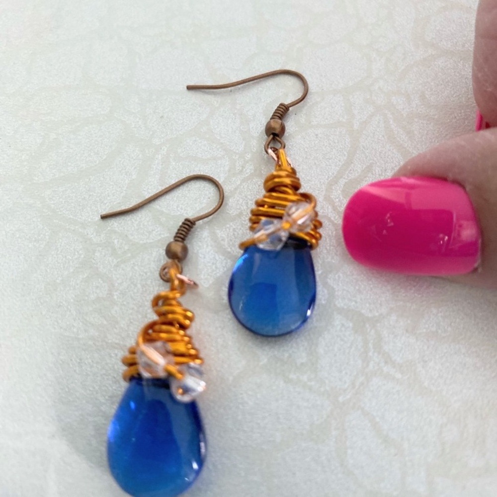 Blue Teardrop Czech Glass Wire-Wrapped Dangle Earrings - Picture 3 of 3